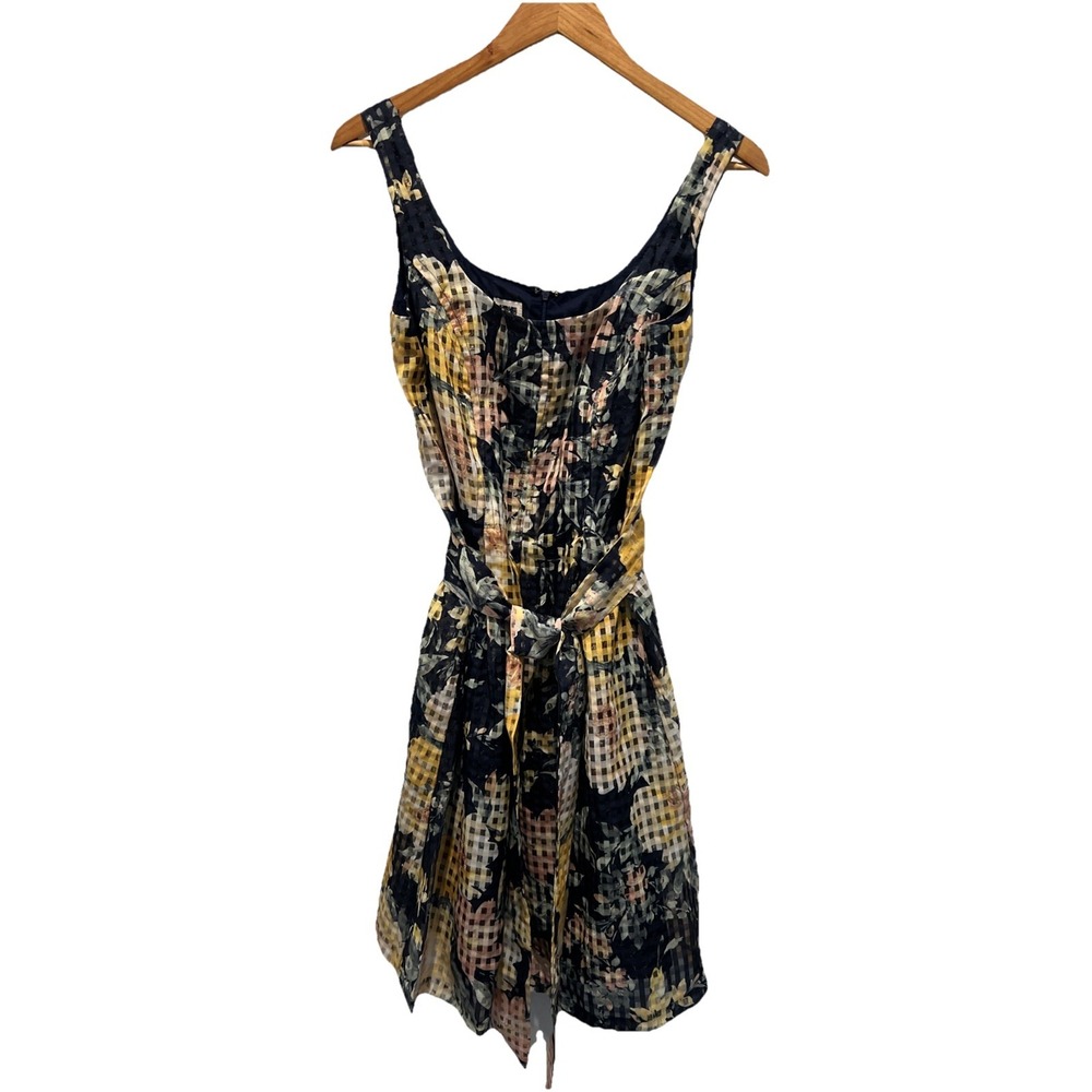 Anne Klein~size 8~sheer lined Sleeveless Navy/yellow floral W/sash